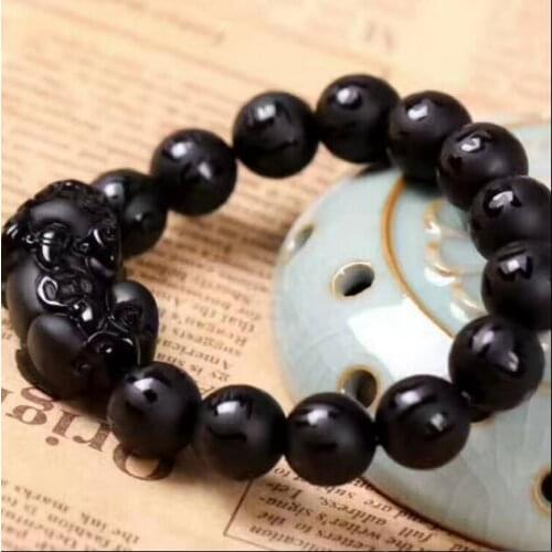 Natural Obsidian Crystal Black Jade Beads Bracelet Chinese Dragon Pixiu