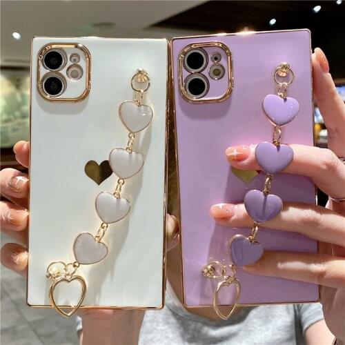 Wrist Strap Chain Love Heart Phone Case For iPhone 12 11 Pro Max XS Max XR X 7 8 Plus 12 Pro 11 Shockproof Electroplated Cover