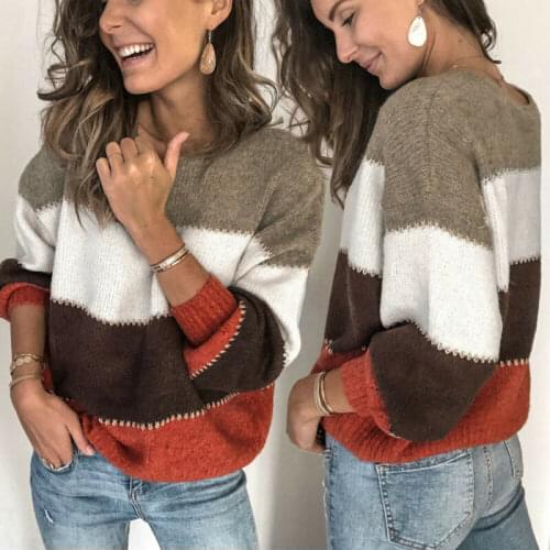 Long Sleeve Patchwork Sweater 2019 Winter Autumn Woman Sweaters Pullovers Casual Knitted Striped Fuzzy Fluffy Sweater