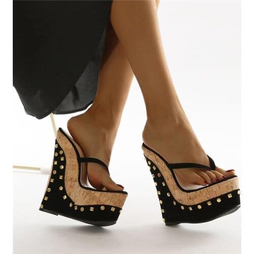 PXELENA European Women Rivet Flip Flops Wedge Super High Heels Platform Slippers 2021 Summer Sexy Party Nightclub Slides 35-42