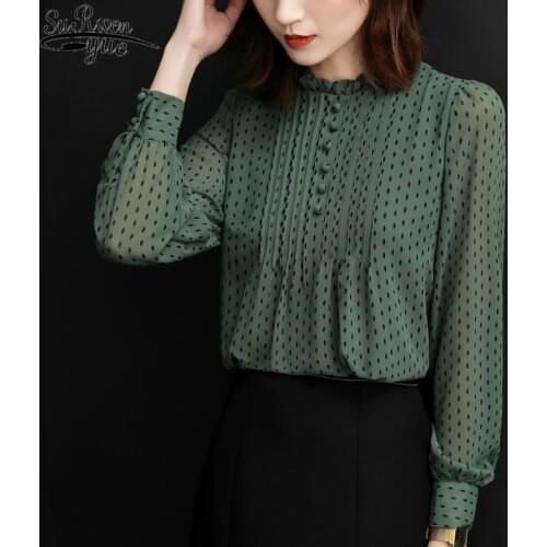 Plus Size 4XL Long Sleeve Polka Dot Womens Shirts Chiffon Blouse Fashion Women Blouses Loose Office Lady Shirts Chic 11859