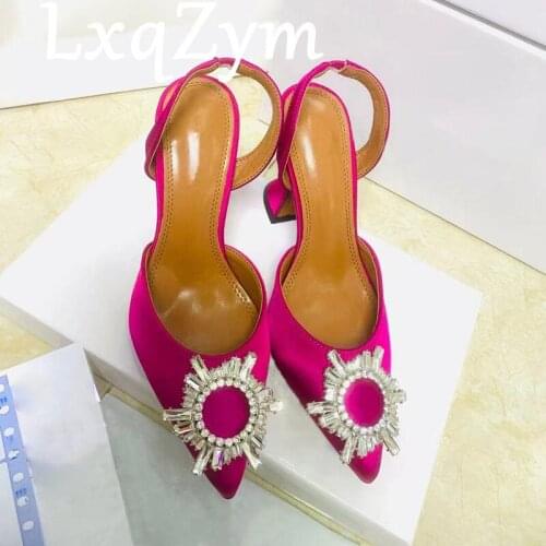 Pointy Toe Women Sandals Cup High Heels Slingbacks Rhinestone Flowers Runway Rose Red Outwear Summer Sexy Party Shoes Woman