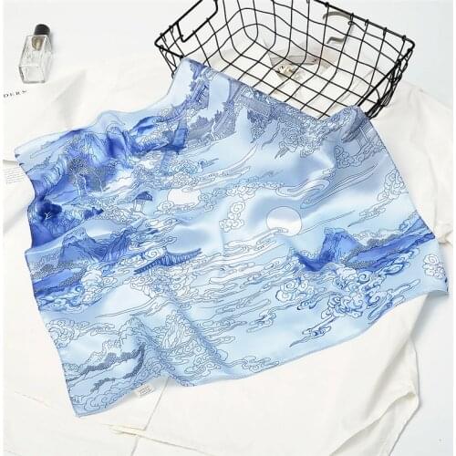 Chinese Style Ink Painting Silk Scarf Ladies Square Scarf Top Women Neck Scarf Luxury Handkerchief Female Turban Shawl R13