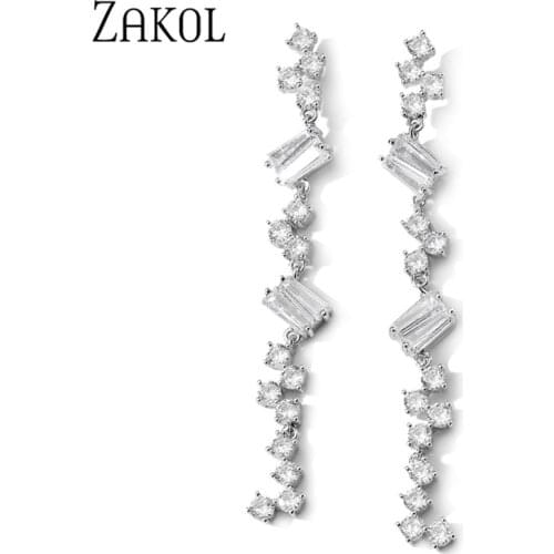 ZAKOL Temperament Drop Earrings White Color Round Cut AAA CZ Long Earrings For Women Fashion Jewelry Mother Gift FSEP5073