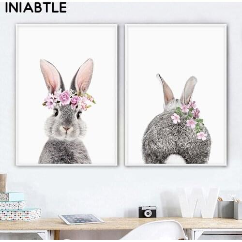 Bunny Rabbit Tail Wall Art Picture Flower Animal Canvas Poster Nursery Print Minimalist Painting Nordic Kids Baby Room Decor