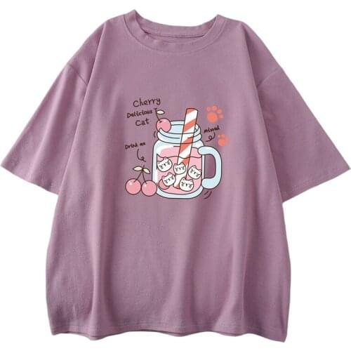 Zuolunouba 2021 Summer Plus Size Casual Women T Shirt Print Cherry Kitten Harajuku Loose O-Neck Lotus Root Pink Tees Tops Female