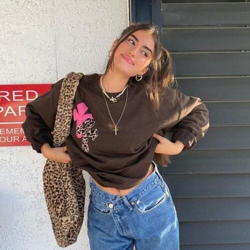 Streetwear harajuku Leopard anime Print Oversized hoodie Y2K goth Retro Crewneck Long Sleeve women Sweatshirts Casual grunge