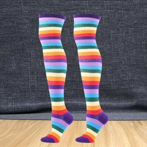 Women Long Socks Striped Over Knee Sock Halloween Stockings High Elasticity Fashion Rainbow Socks Happy Funny Stocking