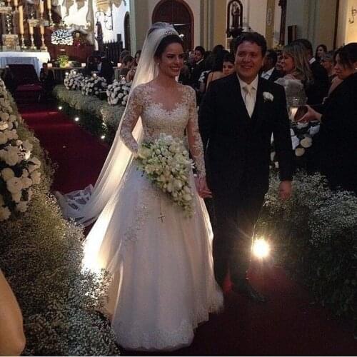 Long Sleeve Vestidos De Noiva Gowns Luxury Lace Sexy Back Floor Length Wedding Party Dress