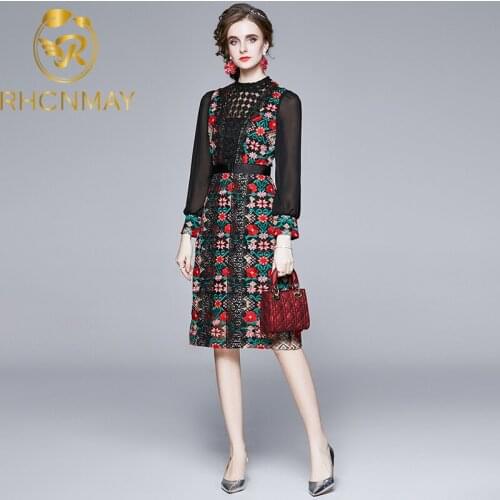 Runway Spring Top Quality 2020 Autumn Party Events Women Stand Neck Hollow Out Lace Embroidery Long Sleeve Bodycon Vintage Dress