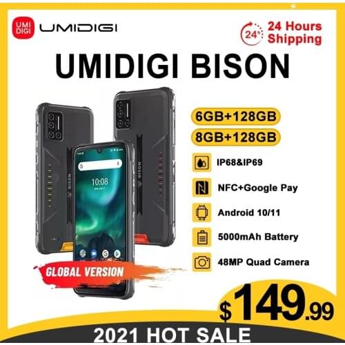 UMIDIGI BISON Smartphone Android 10 NFC 6/8GB+128GB IP68/IP69K Waterproof Rugged Phone 48MP Matrix Quad Camera 6.3" FHD+ Display