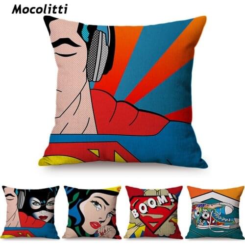 18" POP Art Cushions Cover Funny Comic Print Home Decorative Sofa Throw Pillow Cases Cotton Linen Car Chair Cojines Kussenhoes