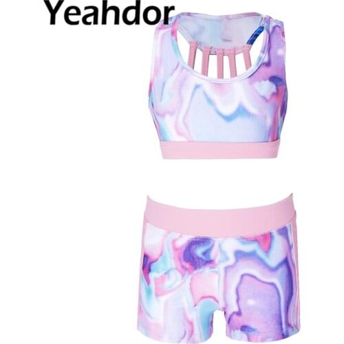 Kids Girls Sportswear Sports Suit Sleeveless Racer Back Hollow Out Back Cropped Sport Bra Top Shorts Set for Running Gym Fitness