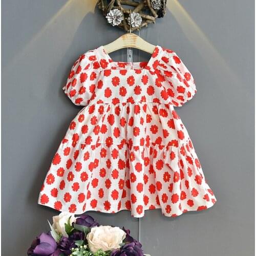 Baby Girl Daisy Dress 2021 Summer New Puff-sleeve Bright Red And Blue Princess Dress Girls Beach Dress Party vestidos