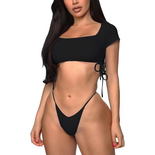 Brand New Women Bikini Set Ladies Short Sleeve U-neck Drawstring Tops+Panty Swimsuit Two-piece Suit for Beach Vacation Swimming