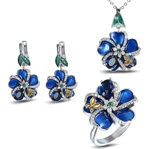 925 Silver Cloisonne Blue Plum Flower Enamel Flower Hanging Necklace Earrings Jewelry Set