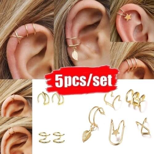 5Pcs Dainty Charm Leaf Star Cross Ear Cuff for Women Minimalist No Piercing Double Wrap Earclip Fake Cartilage Earring Jewelry