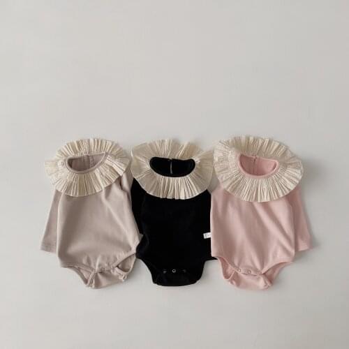 Sweet pleated collar princess girls 3pc set Spring fall cotton long sleeve infant bodysuit+pants+cap children outfits 0-18m