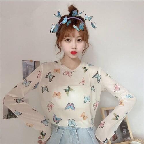 2021 summer new thin mesh long sleeve T-shirt female butterfly top tide girl base sunscreen shirt