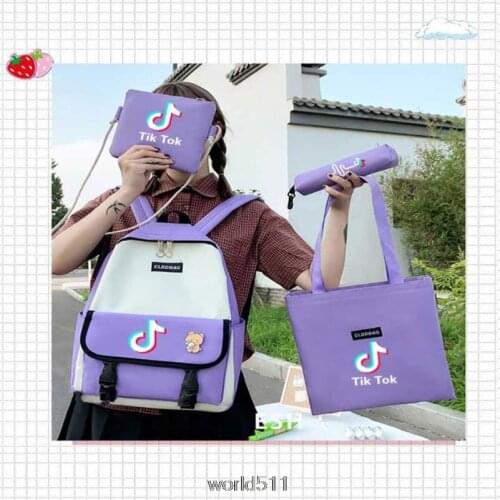 4pcs/Set Casual Tik Tok Print Backpacks Canvas School Rucksack For Teenager Girls Fashion Women Backpack Canvas Shoulder Bags