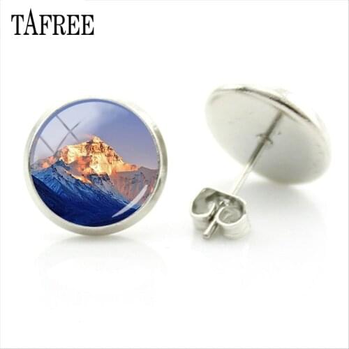 TAFREE Mount Everest Scenery Stud Earrings Cabochon Snow Mountain Beautiful Landscape Picture Earring jewlery ZM01