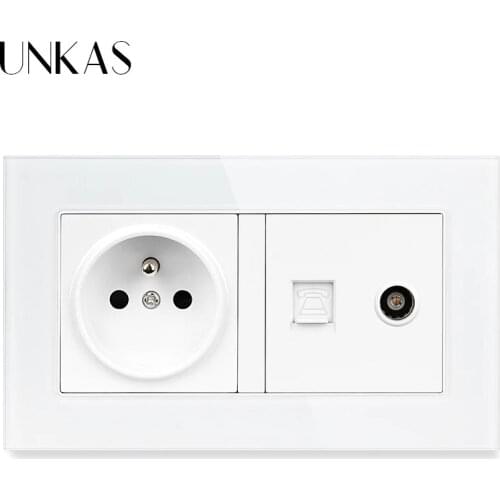 UNKAS Tempered Crystal Glass Panel 16A French Standard Power Socket + RJ11 Telephone Jack TV Televtion Port 146MM*86MM Outlet
