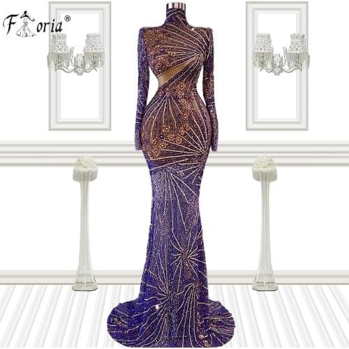 Illusion Long Sleeve Evening Dresses 2021 Couture High Neck Beaded Crystal Mermaid Prom Dress Formal Party Gown vestidos