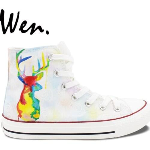 Wen Original Hand Painted Shoes White High Top Colorful Deer Men Womens Canvas Sneakers For Presents