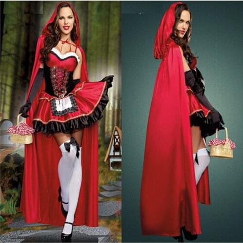 High Quality Little Red Riding Hood Costume for Women Fancy Adult Hallowen Cosplay Fantasia Feminina with cape, gloves