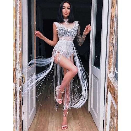 BE HYGGE 2021 Sexy Spring and Summer Fashion New Tassel Playsuit Lace See Through Glitter Tassel Bodysuit
