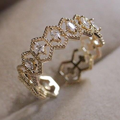 Hollow Geometric Rhombus Zircon Ring for Women Opening Resizable Cocktail Party Club Wedding Engagement Bride Dazzling Ring Gift