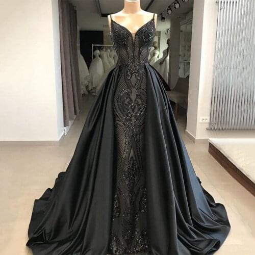 Black Wedding Dress 2020 New Arrival Mermaid V-neck Gorgeous Lace Long Train Detachable Tail Spaghetti Strap Robe De Mariee