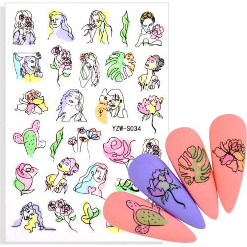 1pcs Abstract Lady Face Nail Sticker Cactus Flower Leaf Water Decal Transfer Nail Sliders Summer Tattoo Nail Art Decoration Tip