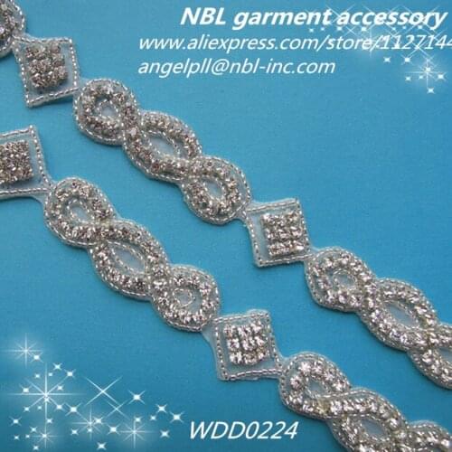 10 yards) Wholesale iron on bridal silver clear rhinestone applique beaded trim for wedding dress garment sash WDD0224