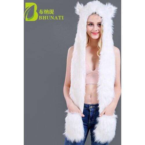 2018 White Fox Hoods Cute Animal Faux Fur Hat Cap Women Lady Winter Stuffed Animal Hat Faux Fur Cute Cartoon Caps Muffler