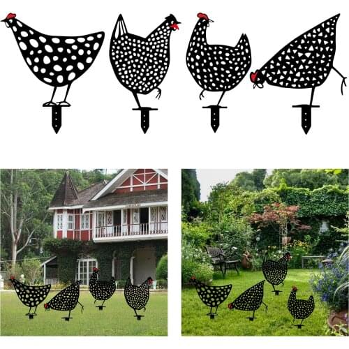 4x Rooster Hen Chicken Silhouette Yard Stakes for Lawns Garden Ornament