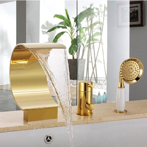 Free ship gold pvd 3 pcs widespread Waterfall Bathroom Bath Roman Tub Filler Faucet