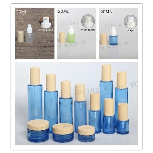 20ML Green/Blue/Frosted/White Glass Bottle Skin Care Refillable Bottle Cosmetic Container With Wood Grain Lid Press pump Bottle