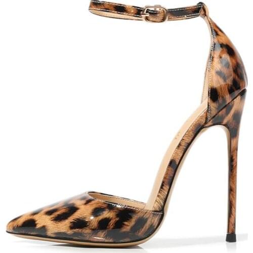 Carpaton Ankle Strap High Heel Shoes Woman Sexy Pointed Toe Leopard printed Woman Shoes Super High Cutouts Party Heels