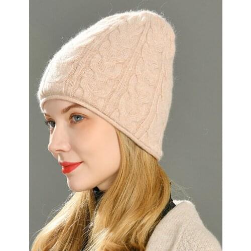 Double Layer Beanie Hat for Women Winter Hat Cashmere Wool Knitted Skullies Hat Twist Pattern Warm Bonnet