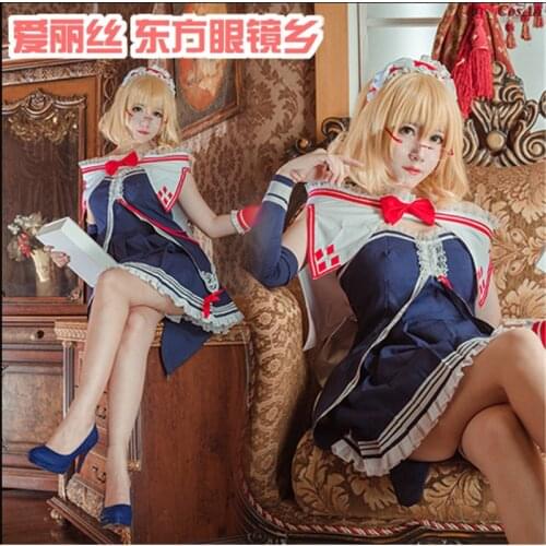 Hot Game Touhou Project Alice Cosplay Costume Lovely Navy Blue Uniform Activity Party Role Play Clothing S-L Or Custom-Make Any