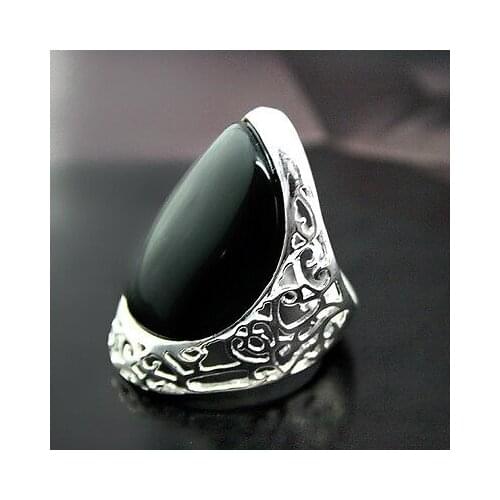 Fashion 925 Sterling Silver 27*33MM Natural Black Natural JADE Ring Size 7/8/9/10