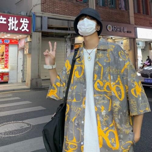 Short Sleeve Shirts For Men Summer Printed Graffiti Oversize 5-point Sleeve Tops Thin Loose Hiphop Jacket Streetwear Male Shirt