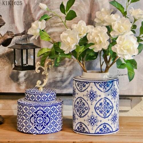 Creative Blue Round Storage Jar Ceramic Vase Flower Plant Potted Hydroponic Vase Candy Sealed Storage Jar Home Decoration Modern