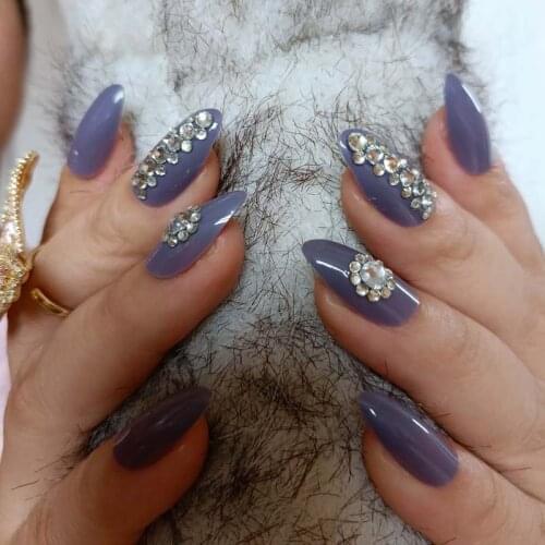 24pcs fashion full diamond crystal diamond pointed candy color handmade fake nails light purple