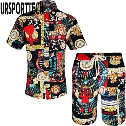 Mens clothing Summer Set Men Shorts Set Print Hawaiian Shirt and Shorts Beach Wear Holiday Clothes Outfit Male Two Piece Set
