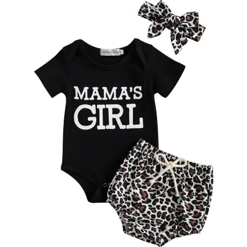 0-18M MAMA GIRL Infant Baby Girl Clothing Letter Print Short Sleeve Romper Top+Bow Leopard Print Triangle Shorts+Headband