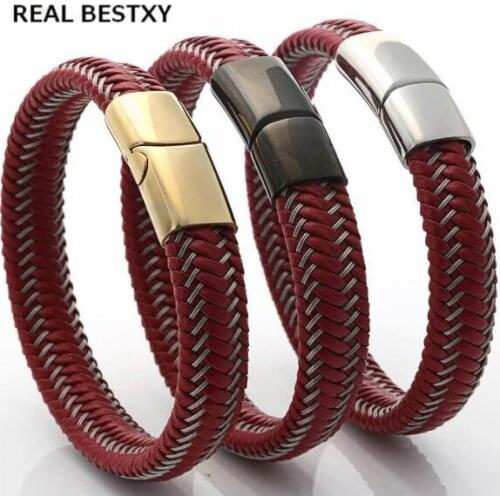 REAL BESTXY Custom Logo Wholesale Big Wide Bangle Leather Bracelet With stainless steel Clasp Fashion Men Bracelets Jewelry