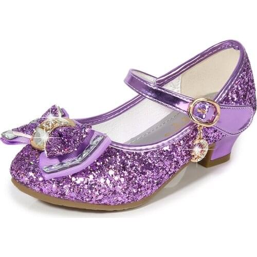 2021 New Princess Kids Leather Shoes for Girls Flower Casual Glitter Children High Heel Girls Shoes Bowknot Knot Dance Shoes