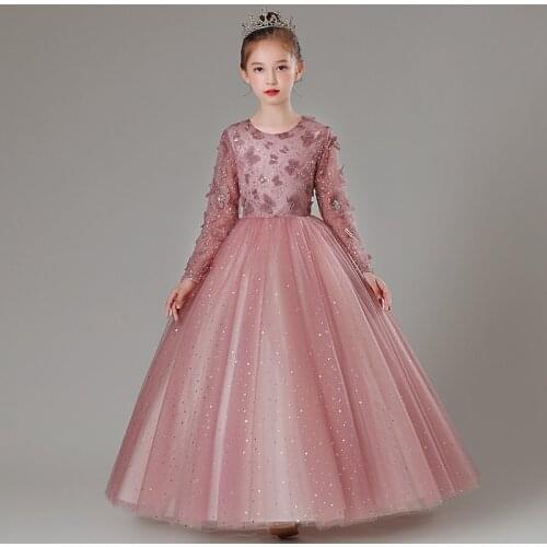 2021 Children Girls Luxury Birthday Wedding Party Red/Pink Color Long Tail Princess Lace Dress Kids Teens Host Model Show Dress